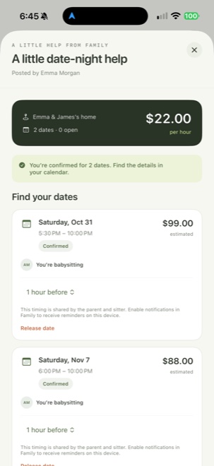 Zebro Family development screenshot showing accepted sample care dates