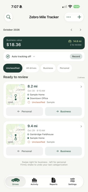 Zebro Mile Tracker development screenshot showing sample recorded drives