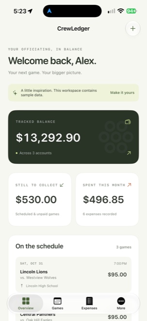 Zebro Ledger development screenshot showing a sample account overview under its earlier CrewLedger name